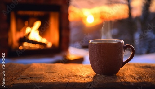 Cozy Winter Warmth by the Fireplace. Winter on background.