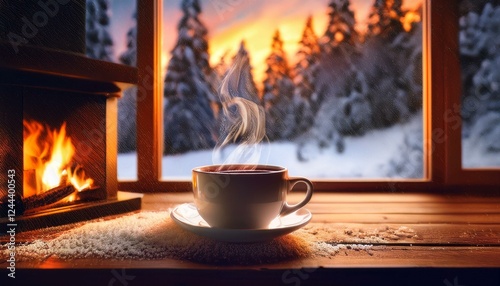 Cozy Winter Warmth by the Fireplace. Winter on background.