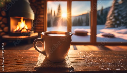 Cozy Winter Warmth by the Fireplace. Winter on background.