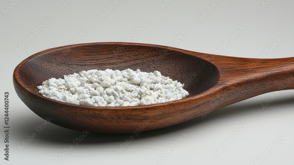 Wooden spoon holding white granular food Wooden spoon holding white granular food