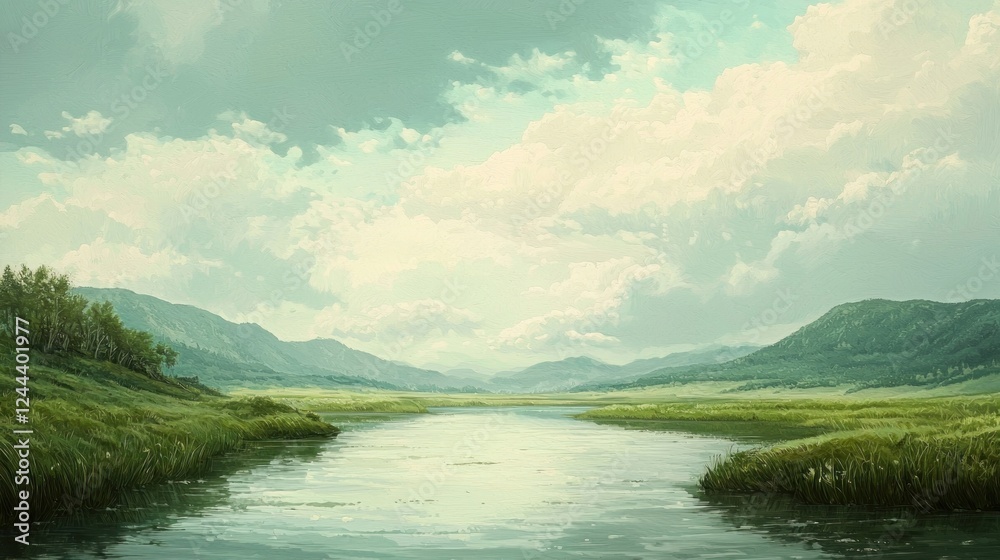 Fototapeta premium Serene River Valley Landscape: A Peaceful Vista Under a Cloudy Sky