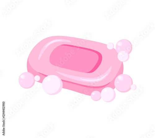 Piece of pink soap with bubbles of foam isolated on a white background. Vector illustration. Bar of soap with bubbles of different sizes.