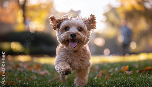 Wallpaper Mural Joyful Maltipoo dog captured while running by green grass park with yellow leaves. Fluffy fur flows, mouth open, tongue visible, radiating excitement and joy. Sunny city park, bright natural light. Torontodigital.ca
