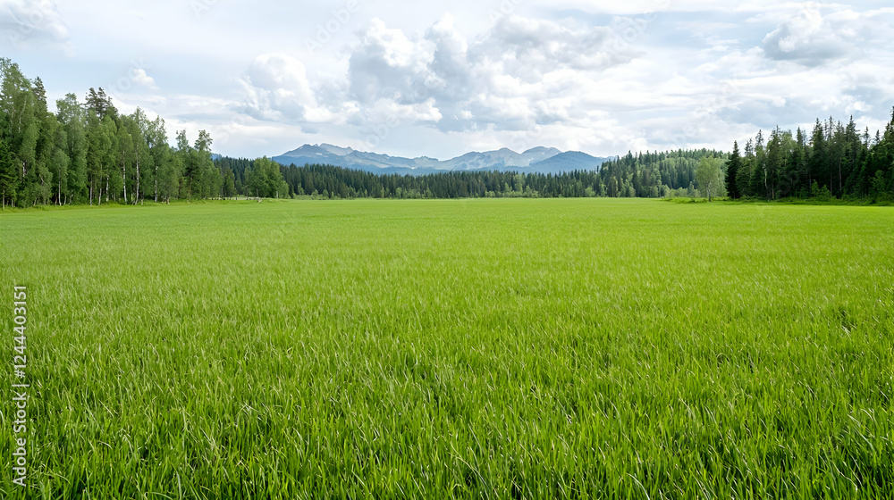 Obraz premium Lush green meadow, mountain backdrop, summer day, nature scene, landscape photography