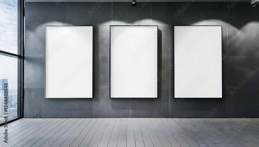 Mockup of Three Vertical Billboards on Wall in Contemporary Concrete Office Mockup of Three Vertical Billboards on Wall in Contemporary Concrete Office