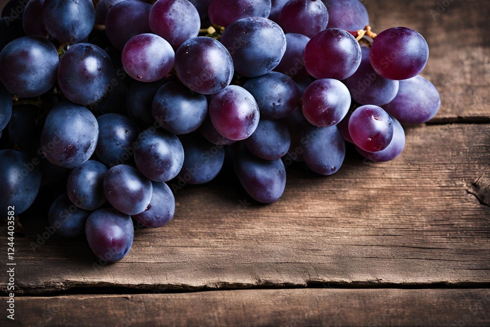 Fresh purple grapes on wood table