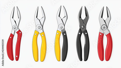 Cartoon opened pliers characters with yellow, red and gray handles and second variant without smiling faces for repair service or maintenance concept design photo