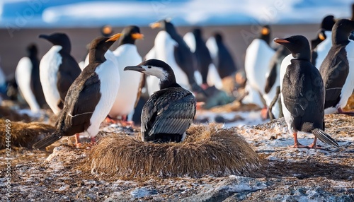 Photogenic Antarctic Shag Phalacrocorax atriceps bransfieldensis Amidst Gentoos in a Breathtaking Polar Landscape, Captured on January, photo