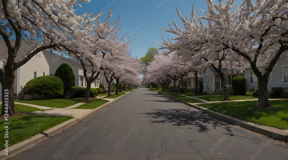 Obraz premium A picturesque suburban street lined with cherry trees in full bloom, their pink petals creating a pastel canopy overhead. Sunlight filters through the blossoms, evoking a serene