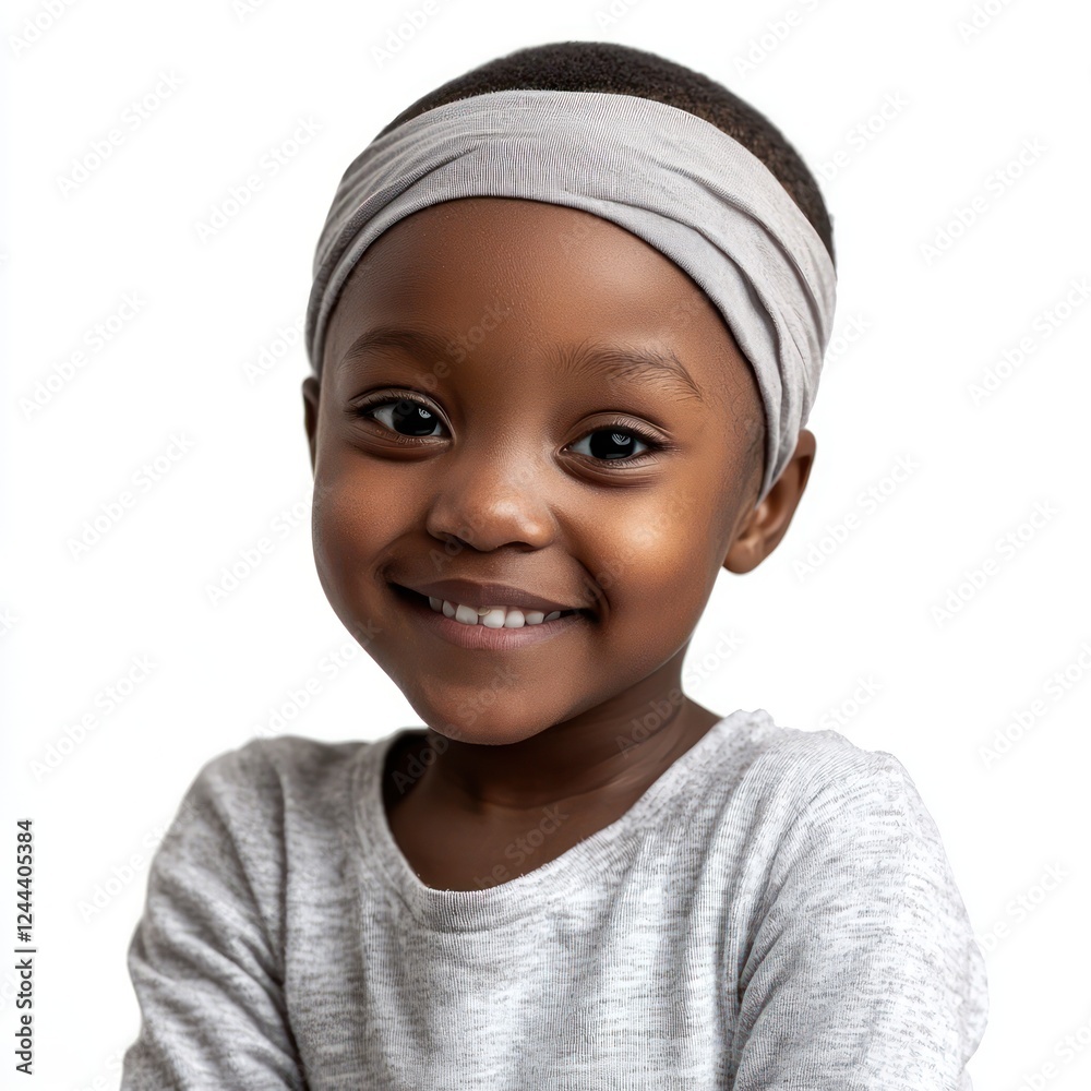 Smiling black child sick with cancer on white background for cancer-related projects Smiling black child sick with cancer on white background for cancer-related projects