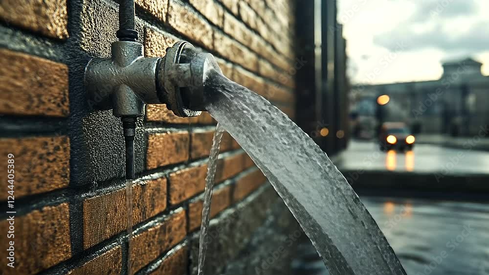 A heavily leaking outdoor pipeline with water forcefully spraying onto a brick wall, highlighting the destructive potential of burst pipes. A heavily leaking outdoor pipeline with water forcefully spraying onto a brick wall, highlighting the destructive potential of burst pipes.