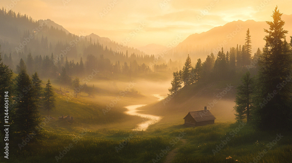 Golden sunrise over a misty mountain landscape, tranquil nature scenery capturing warm light and breathtaking natural beauty Golden sunrise over a misty mountain landscape, tranquil nature scenery capturing warm light and breathtaking natural beauty