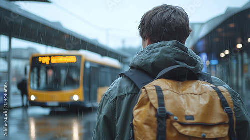 Rearview of the male student, teenage boy wearing a backpack, standing on a bus station waiting for the public city transport vehicle outdoors on a rainy day. traveling home from school, town route. photo