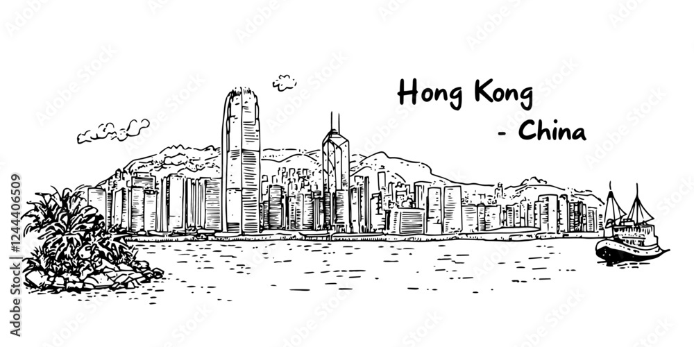 Fototapeta premium Hong Kong skyline with victoria harbor and traditional boat doodle sketch black vector engraving