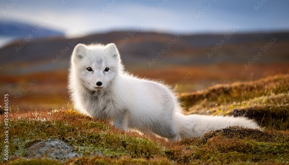 Fototapeta premium Stunning Arctic Fox in Its Frosty Kingdom Svalbards Wilderness Showcasing Icy Peaks and CrystalClear Snowfields,st January at3