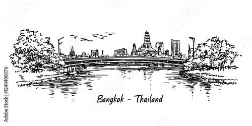 Bangkok skyline with bridge and river doodle sketch black vector engraving