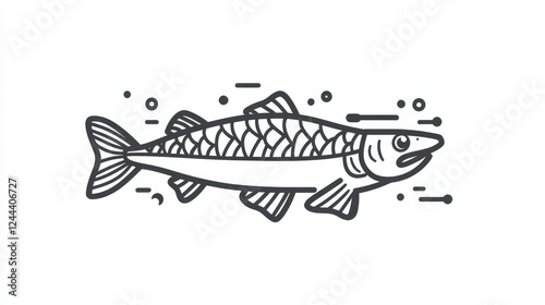 Pike, fish for fishing or food, vector line icon. Freshwater fish pike or pickerel from river or lake, cuisine cooking food or restaurant menu and fishery market catch photo