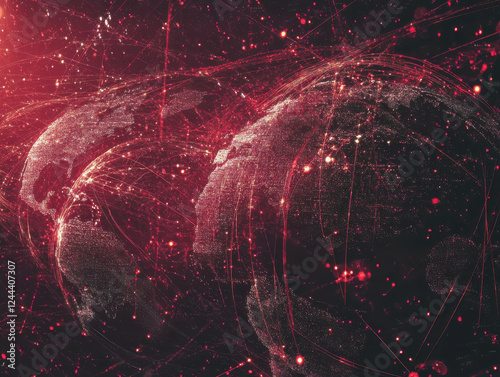 Futuristic digital Earth with glowing data connections and global networking visualization on a dark backround