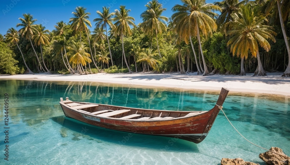 Small wooden boat anchored on crystal-clear lagoon surrounded by palm trees, midday sunlight Small wooden boat anchored on crystal-clear lagoon surrounded by palm trees, midday sunlight