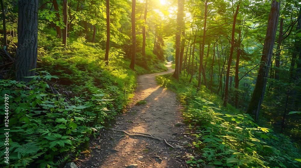 Obraz premium Sunlit forest path winding through green trees and foliage. Nature trail in a lush woodland setting with dappled sunlight.
