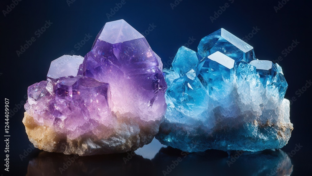 Fototapeta premium Amethyst and Aquamarine Crystals on Dark Background