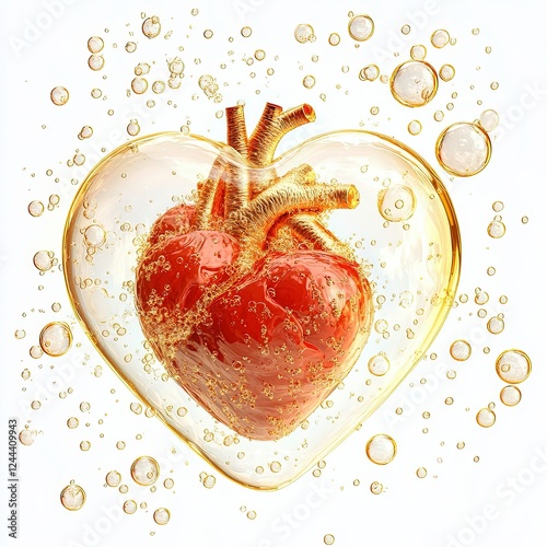 Heart shaped bubble with a realistic heart floating inside in sparkling liquid photo