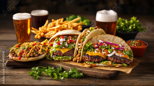 Fast food vector poster with combo meals and drinks burger, beer and cola with sandwich and tacos. Cartoon street cafe dishes, takeaway restaurant order. Fastfood menu offer of beverages and snacks