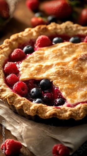 Open pie filled with a medley of vibrant seasonal berries - juicy strawberries, blueberries, and raspberries. photo