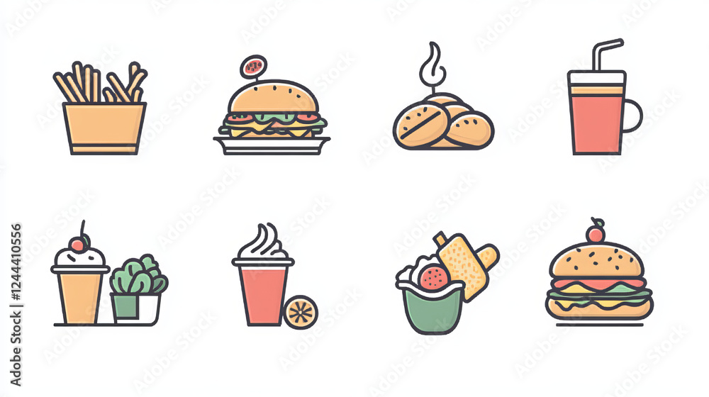 Healthy, fast food and drinks flat icons with salad, fresh vegetables, cups of tea with teapots, fast food menu with pizza, burger, hot dog, chicken leg, french fries, ice cream and soda Healthy, fast food and drinks flat icons with salad, fresh vegetables, cups of tea with teapots, fast food menu with pizza, burger, hot dog, chicken leg, french fries, ice cream and soda