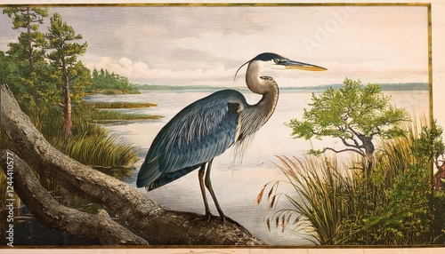 Vintage Auduboninspired Great Blue Heron Poster, Celebrating American Wildlife in a Retro Nature Scene, Ideal for Bird Lovers and Home Decor photo