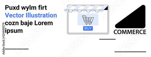 Browser window with canopy icon, shopping cart, and buy button. Ideal for retail, e-commerce, online shopping, digital sales, marketing, storefronts mobile commerce flat landing page banner