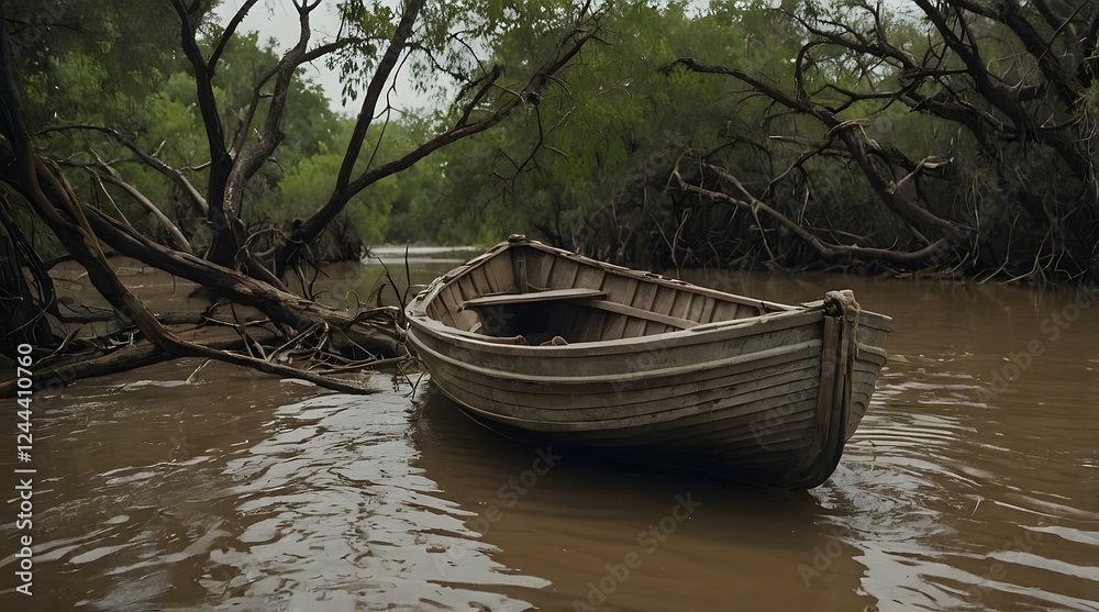 An old wooden rowboat floating in a murky river, surrounded by dense, overgrown trees. The scene is moody and mysterious, evoking solitude and a sense of forgotten adventure in nature An old wooden rowboat floating in a murky river, surrounded by dense, overgrown trees. The scene is moody and mysterious, evoking solitude and a sense of forgotten adventure in nature