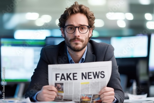 Serious businessman reading a newspaper filled with fake news in his office, expressing concern over misinformation and media credibility photo