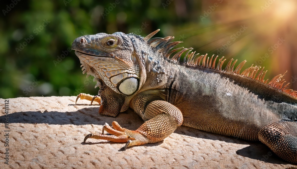 Obraz premium Striking Australian Iguana Basking in the Sun A Desert Landscape of Red Rocks and Sandy Dunes, Showcasing the Majesty of Wildlife in the Outback