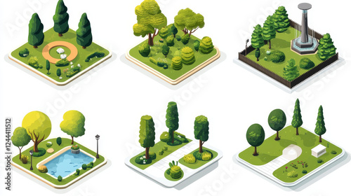 Garden and green landscape design company icons set. Vector symbols of parks and squares, nature greenery landscape of eco woodland and parkland forest for green environment and landscaping photo