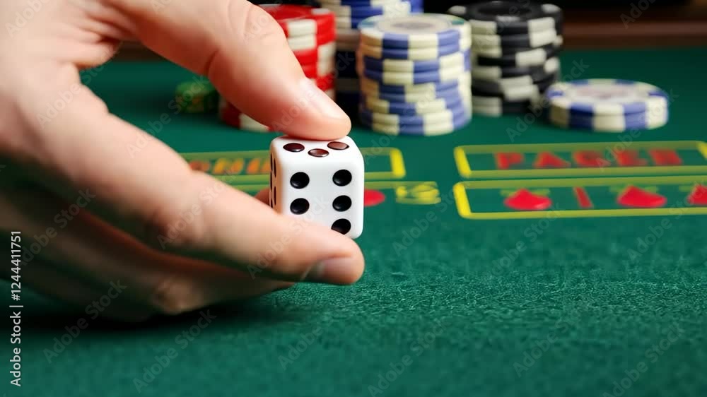 Hand rolling dice on casino table with stacked poker chips in background