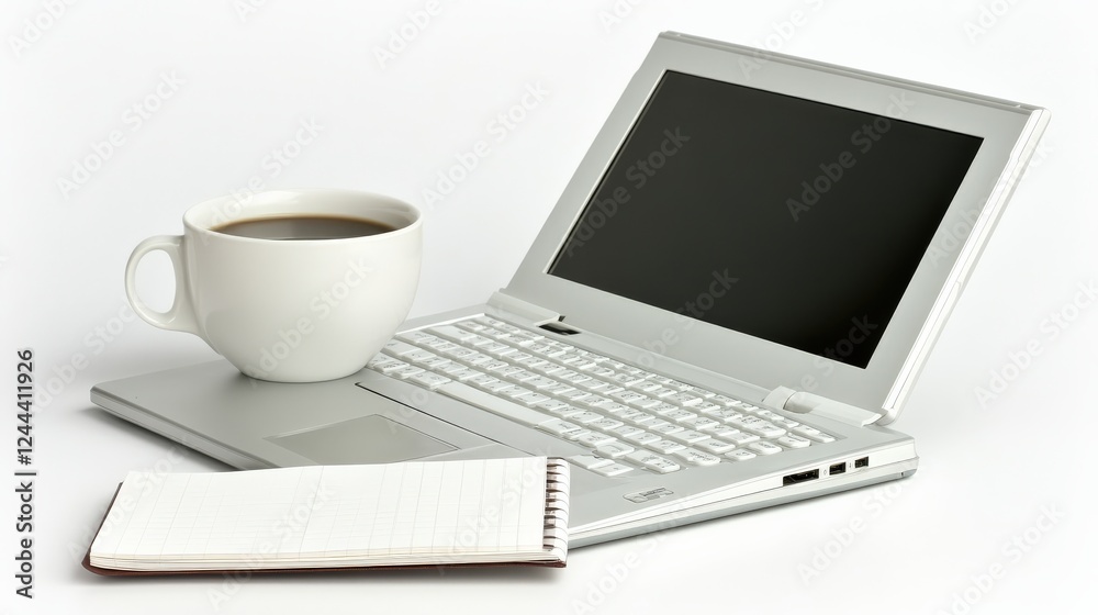 A minimalist workspace featuring a laptop, a cup of coffee, and a notepad on a clean surface A minimalist workspace featuring a laptop, a cup of coffee, and a notepad on a clean surface