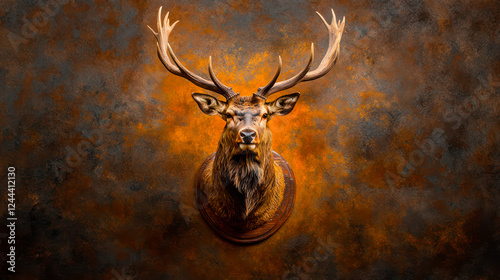 Stuffed deer head with big antlers on dark wall photo