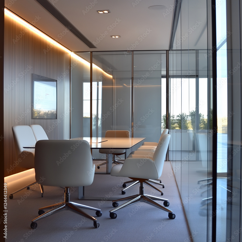 Fototapeta premium Modernes Büro mit Glaswänden und Holzfußboden, lichtdurchflutet