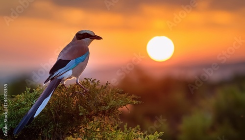 AzureWinged Magpie in the Gilded Glow of Dusk A Vivid Portrait of the Azure Sky and Rustic Landscape, Featuring this Striking Bird in a Scene that Brims with Serenity and Tranquility. photo