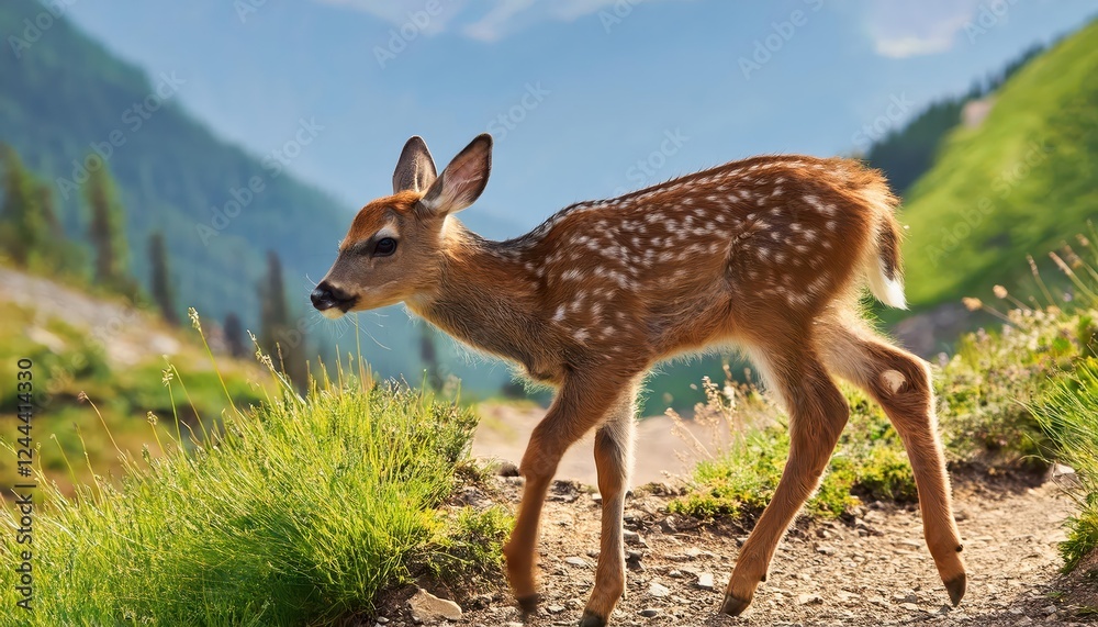 Playful Baby Deer Roaming through Dappled Forest Amongst Majestic Mountain Peaks, Bathed in Soft Morning Light, Capturing the Pure Joy of Natures Wilderness. Playful Baby Deer Roaming through Dappled Forest Amongst Majestic Mountain Peaks, Bathed in Soft Morning Light, Capturing the Pure Joy of Natures Wilderness.