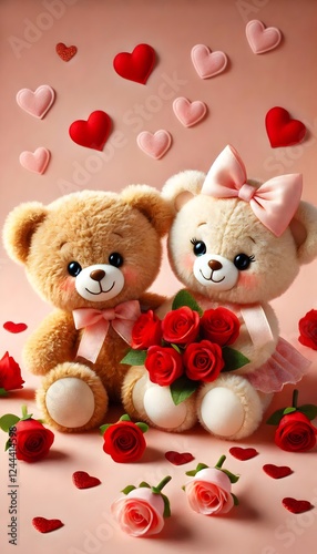 teddy bears in love, holding rose flowers, greeting card, with hearts on a peach pink background