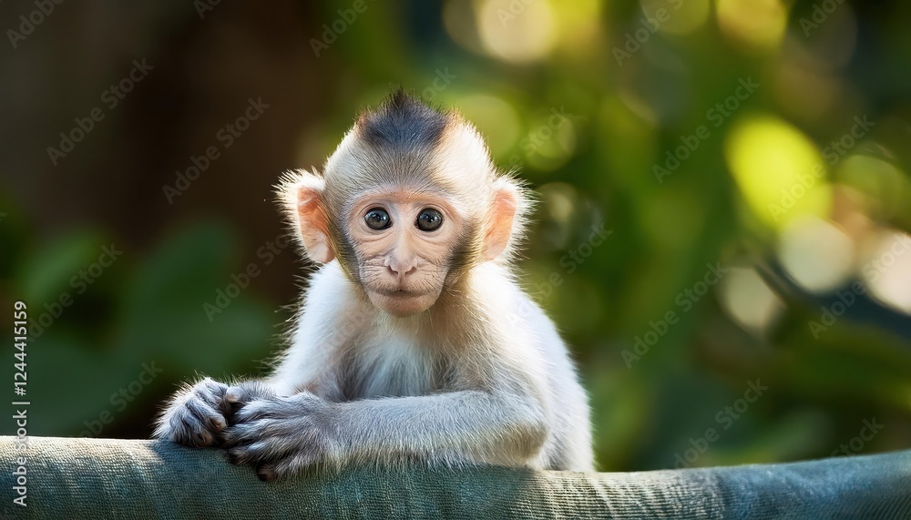 Stunning Baby Longtailed Macaque Playfully Interacting in a Lush Tropical Forest, Showcasing Vibrant Greens and Bold Colors, Displaying the Majesty of Wildlife in its Natural Habitat. Stunning Baby Longtailed Macaque Playfully Interacting in a Lush Tropical Forest, Showcasing Vibrant Greens and Bold Colors, Displaying the Majesty of Wildlife in its Natural Habitat.