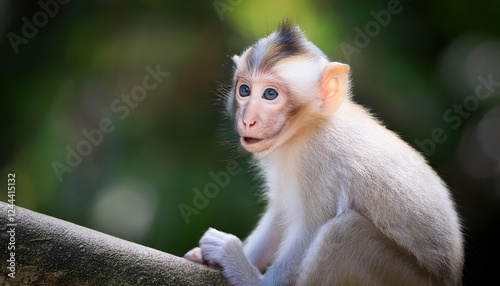 Vibrant Baby Longtailed Macaque in lush Tropical Forest, Playing with Colorful Fruits, Exuding Joy and Curiosity photo