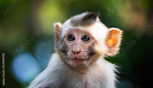 Striking Closeup of a Baby Longtailed Macaque in the Lush Jungle of Southeast Asia, Showcasing Vibrant Eyes and Inquisitive Expression with a Rich Green Background. photo