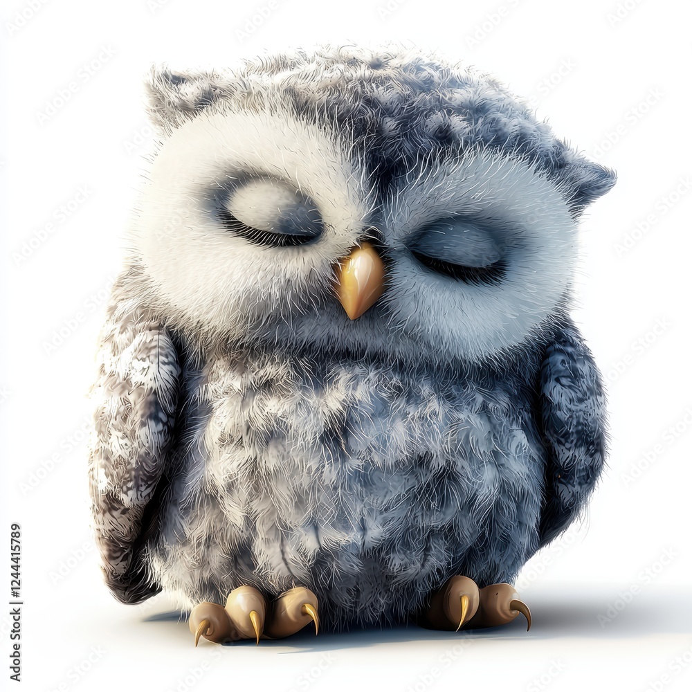 Obraz premium Sleepy baby owl with fluffy feathers, isolated on white background