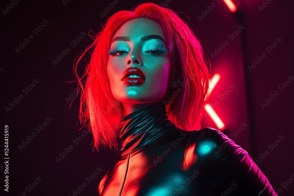 Fototapeta premium Futuristic Alien Makeup Close-Up: Blue-Green Glow and Neon Lights