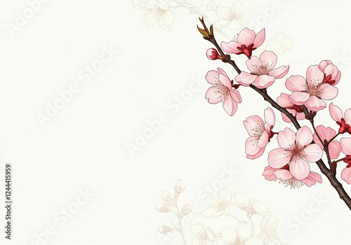Pink cherry blossom branch blooming on a white background with copy space, creating a delicate and elegant spring design