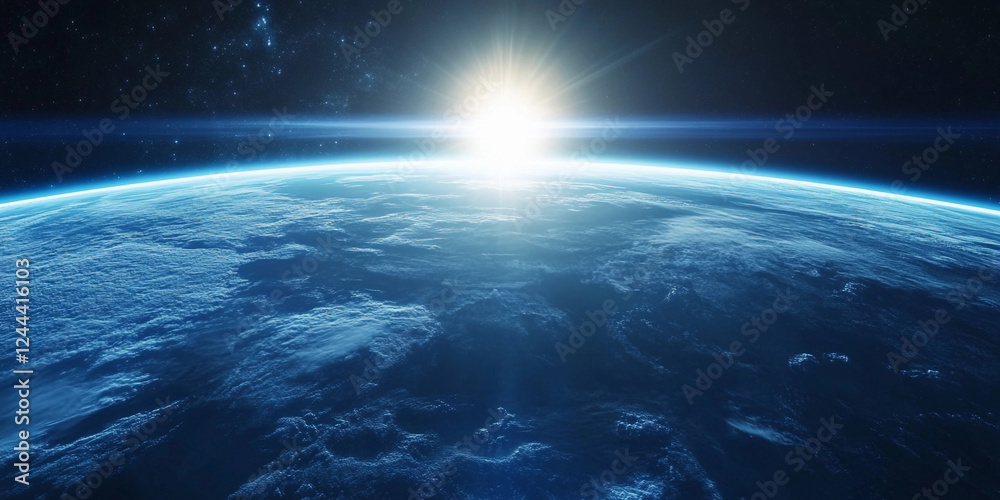 Fototapeta premium View of Earth from orbital station during sunrise, showcasing the vast atmosphere and glowing horizon, highlighting the beauty of our planet in space. Generative AI