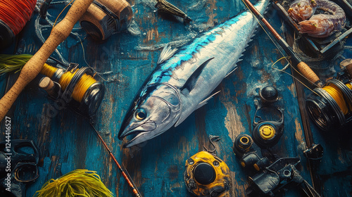 Fish and seafood fishing sport vector design with tuna, squid, fisherman tackles. Fishing rod, lure and baits, spinning reels and seaweed grunge posters of fisherman club